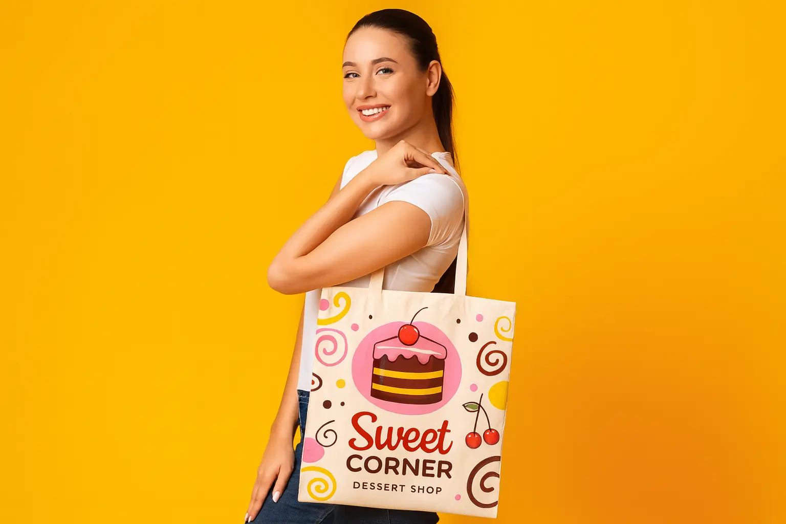 Mujer enseñando su bolsa ecológica