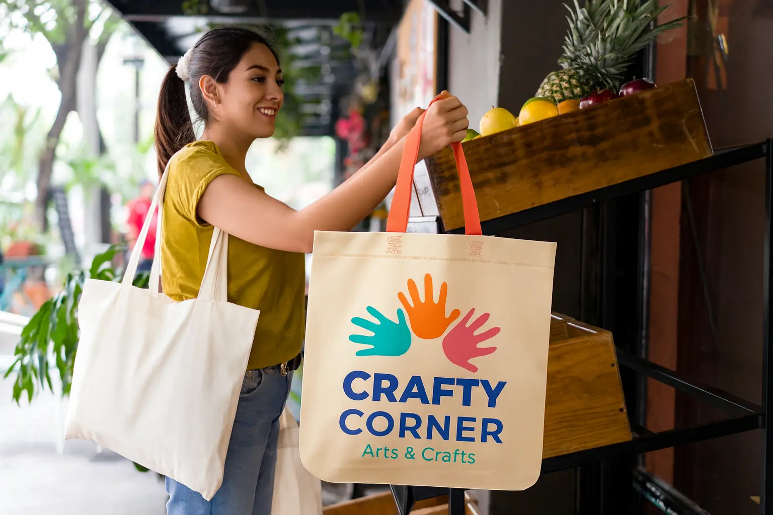 Mujer usando bolsas ecológicas en sus compras